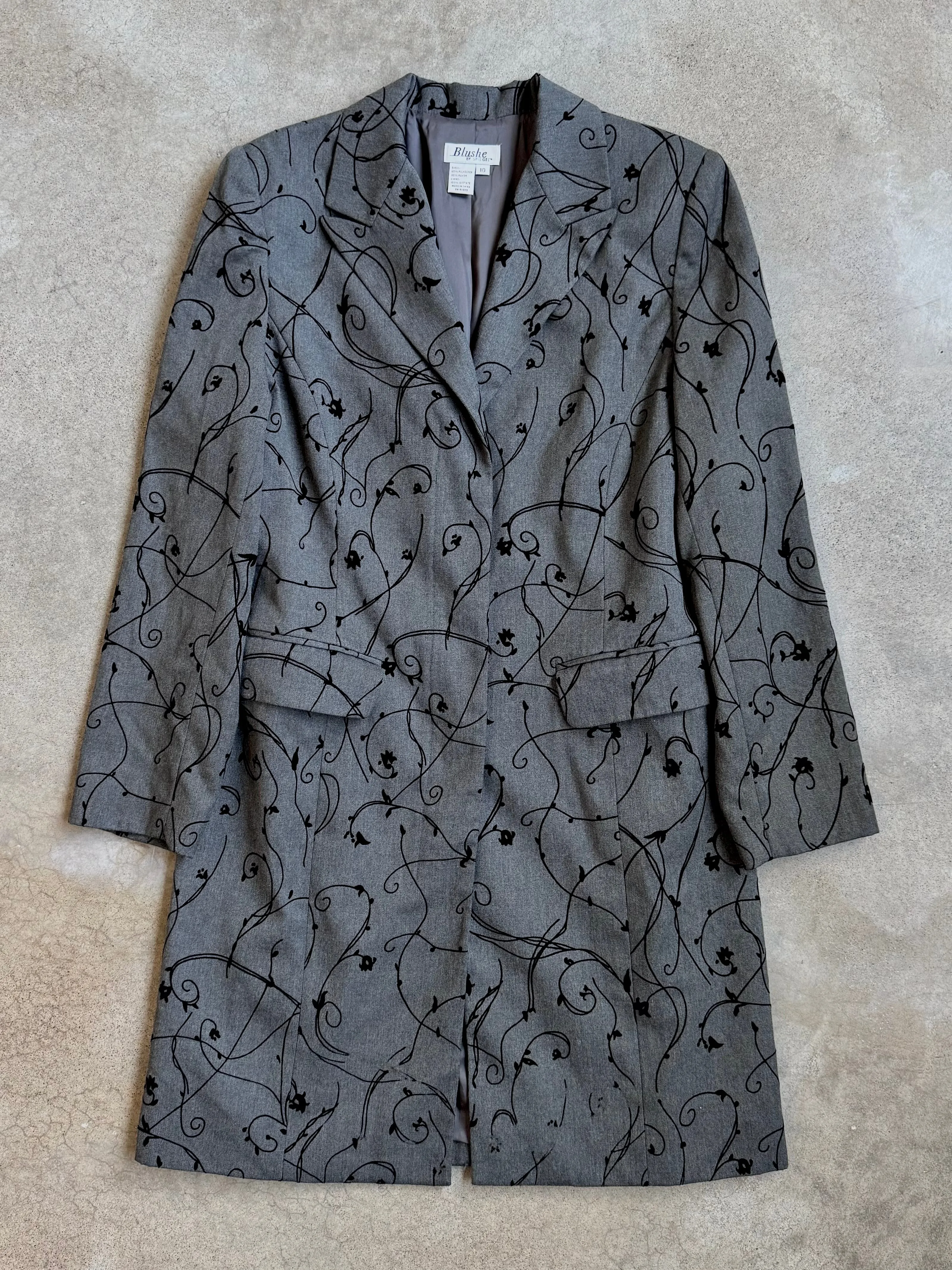 90s Vintage Grey Floral Vine Patterned Longline Tailored Jacket (M/L)