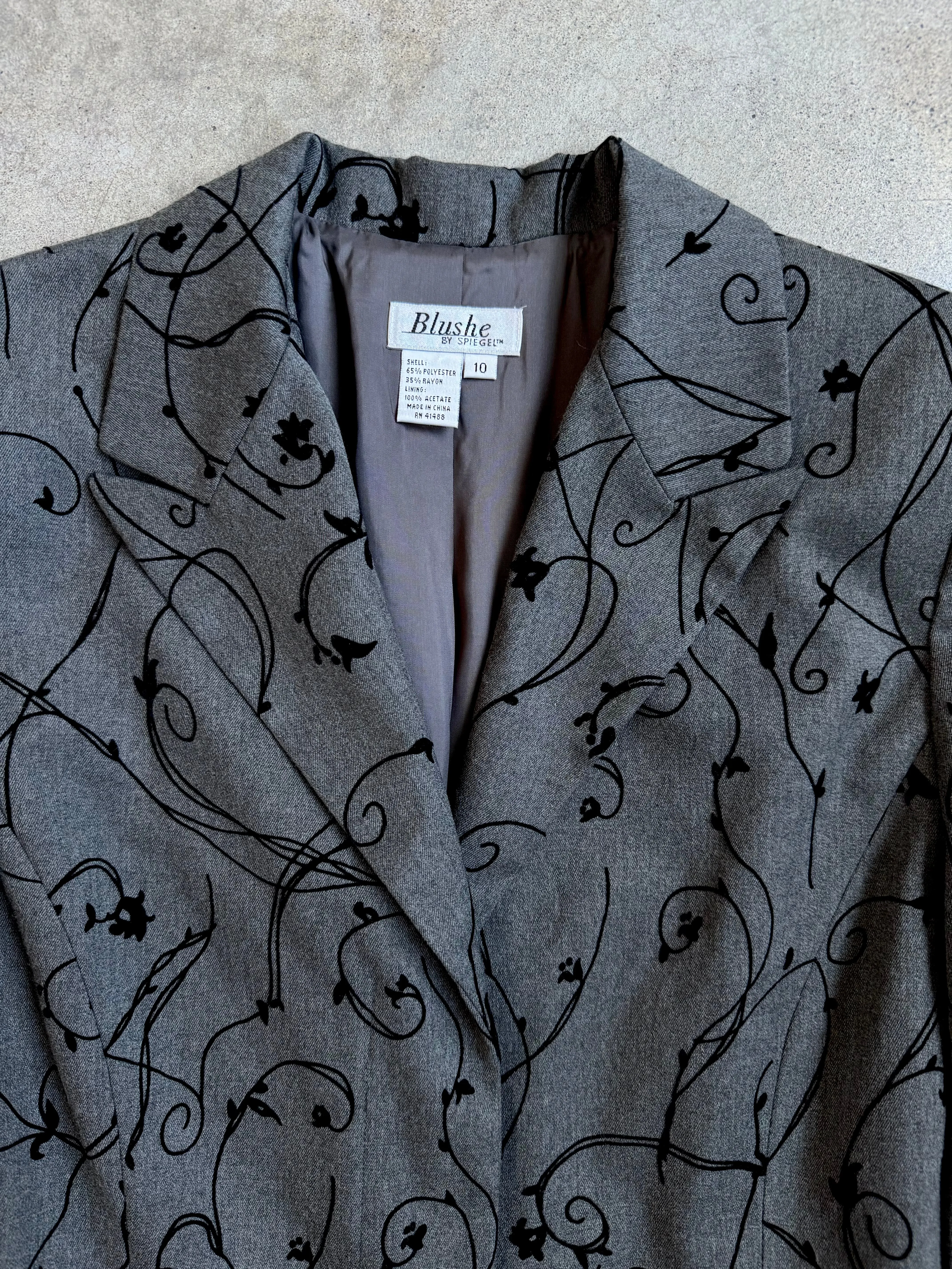 90s Vintage Grey Floral Vine Patterned Longline Tailored Jacket (M/L)