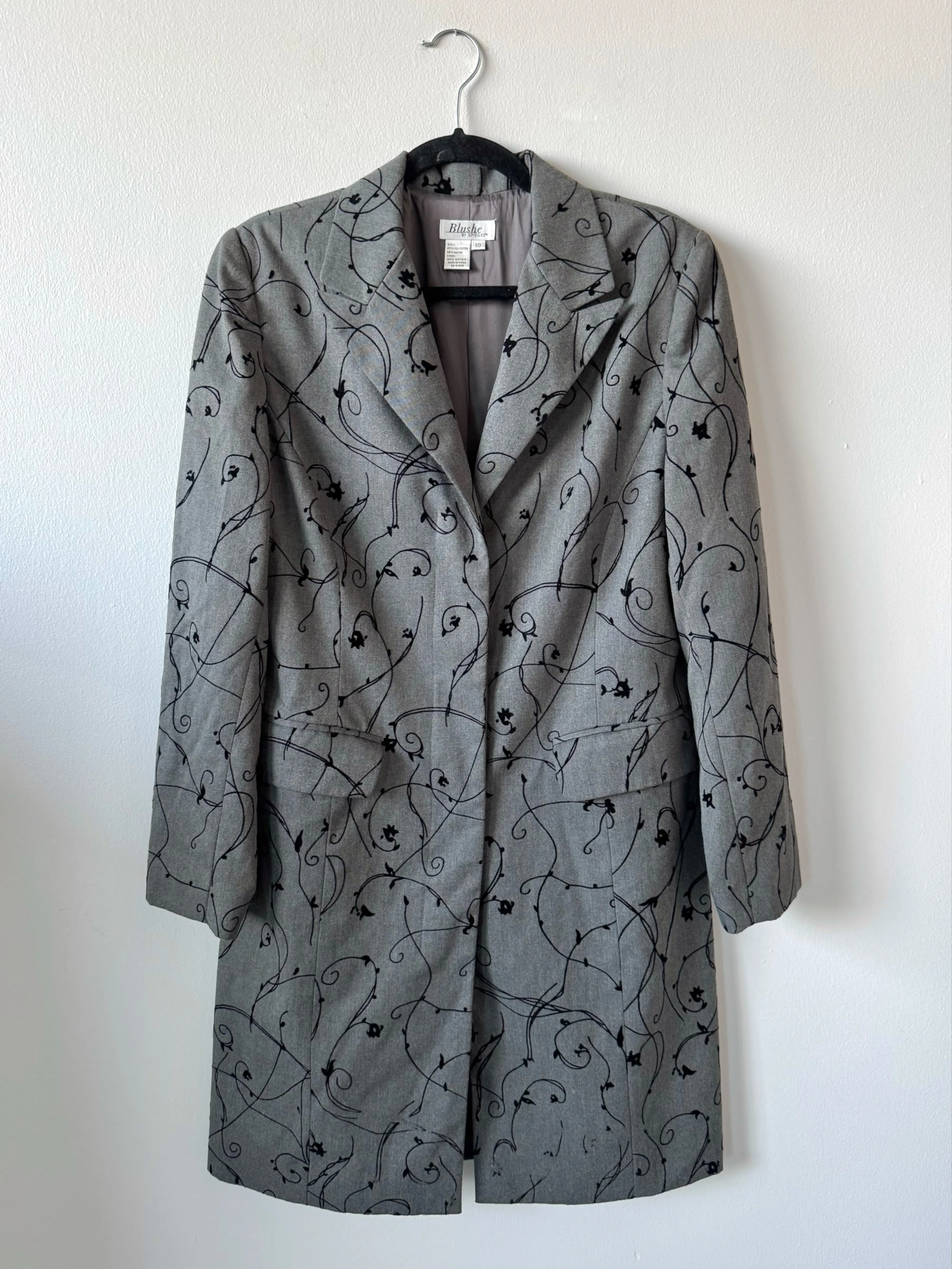 90s Vintage Grey Floral Vine Patterned Longline Tailored Jacket (M/L)