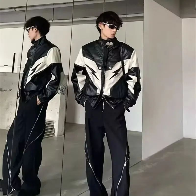 American Leather Jacket Hip Hop Jackets for Men Harajuku Fashion Pu Motorcycle Racing Suit Hiphop Trendy Coats