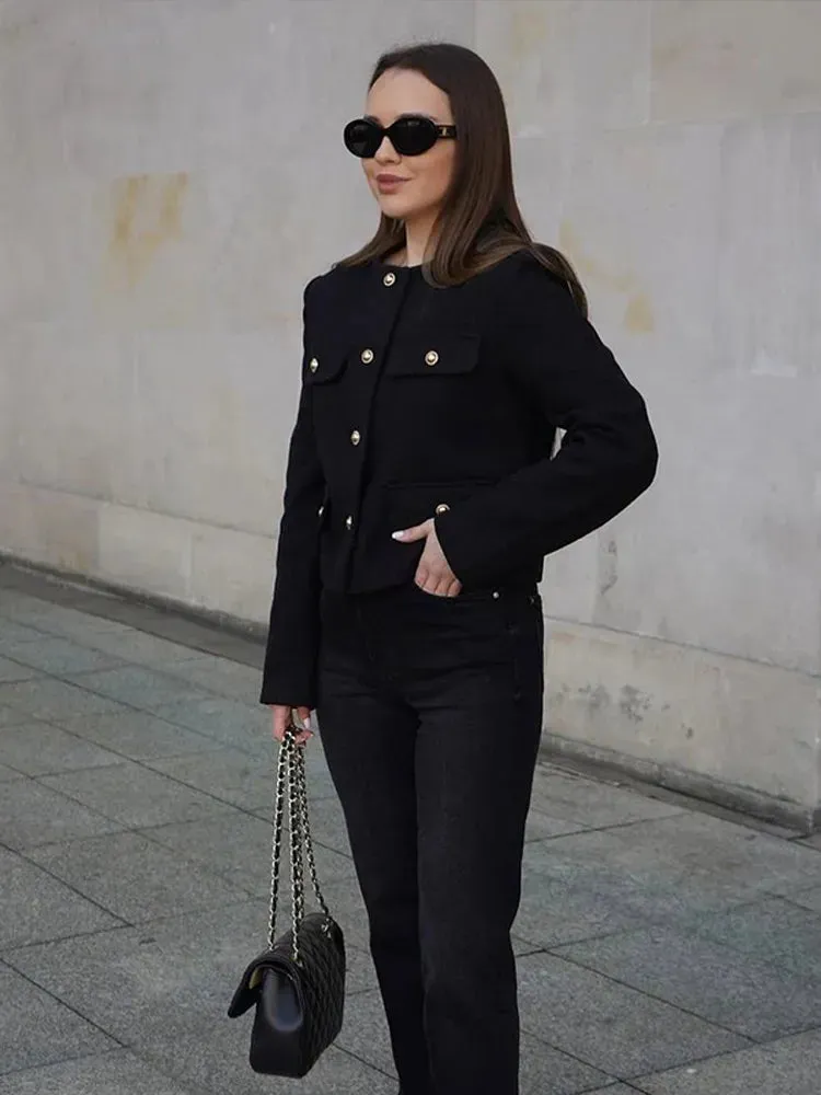 Back To School Joskaa 2024 Commute Round Neck Single Breasted Women's Coats Fashion Long Sleeved Solid Color Jackets 2024 New Lady Chic Outerwears