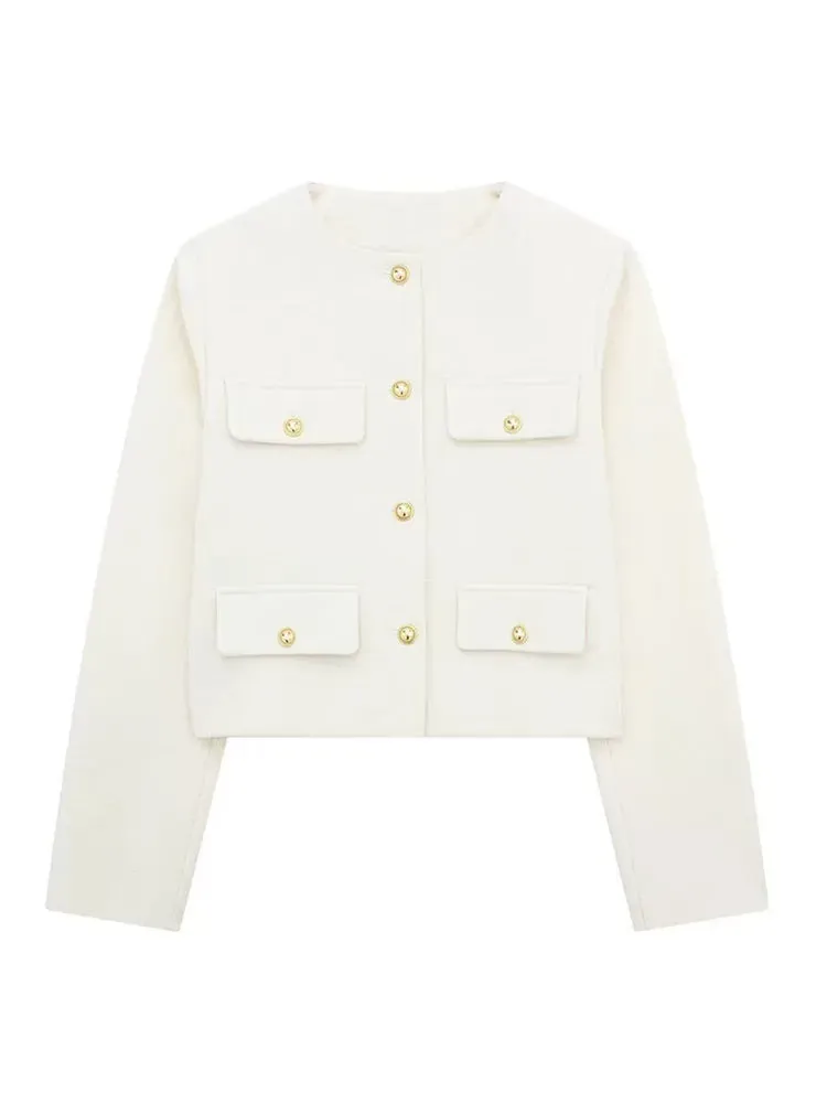 Back To School Joskaa 2024 Commute Round Neck Single Breasted Women's Coats Fashion Long Sleeved Solid Color Jackets 2024 New Lady Chic Outerwears