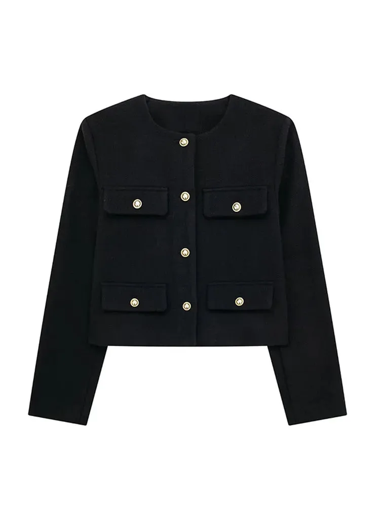 Back To School Joskaa 2024 Commute Round Neck Single Breasted Women's Coats Fashion Long Sleeved Solid Color Jackets 2024 New Lady Chic Outerwears