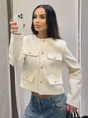 Back To School Joskaa 2024 Commute Round Neck Single Breasted Women's Coats Fashion Long Sleeved Solid Color Jackets 2024 New Lady Chic Outerwears