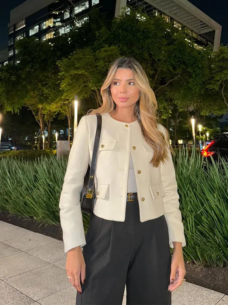 Back To School Joskaa 2024 Commute Round Neck Single Breasted Women's Coats Fashion Long Sleeved Solid Color Jackets 2024 New Lady Chic Outerwears