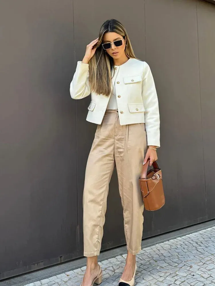 Back To School Joskaa 2024 Commute Round Neck Single Breasted Women's Coats Fashion Long Sleeved Solid Color Jackets 2024 New Lady Chic Outerwears
