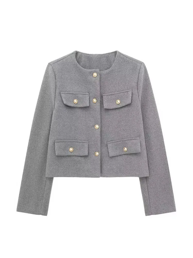 Back To School Joskaa 2024 Commute Round Neck Single Breasted Women's Coats Fashion Long Sleeved Solid Color Jackets 2024 New Lady Chic Outerwears