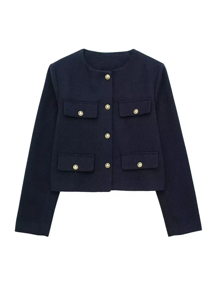 Back To School Joskaa 2024 Commute Round Neck Single Breasted Women's Coats Fashion Long Sleeved Solid Color Jackets 2024 New Lady Chic Outerwears