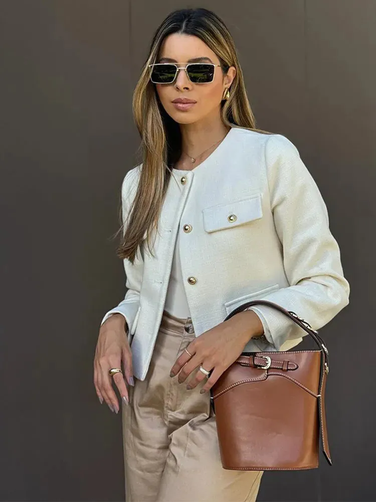 Back To School Joskaa 2024 Commute Round Neck Single Breasted Women's Coats Fashion Long Sleeved Solid Color Jackets 2024 New Lady Chic Outerwears
