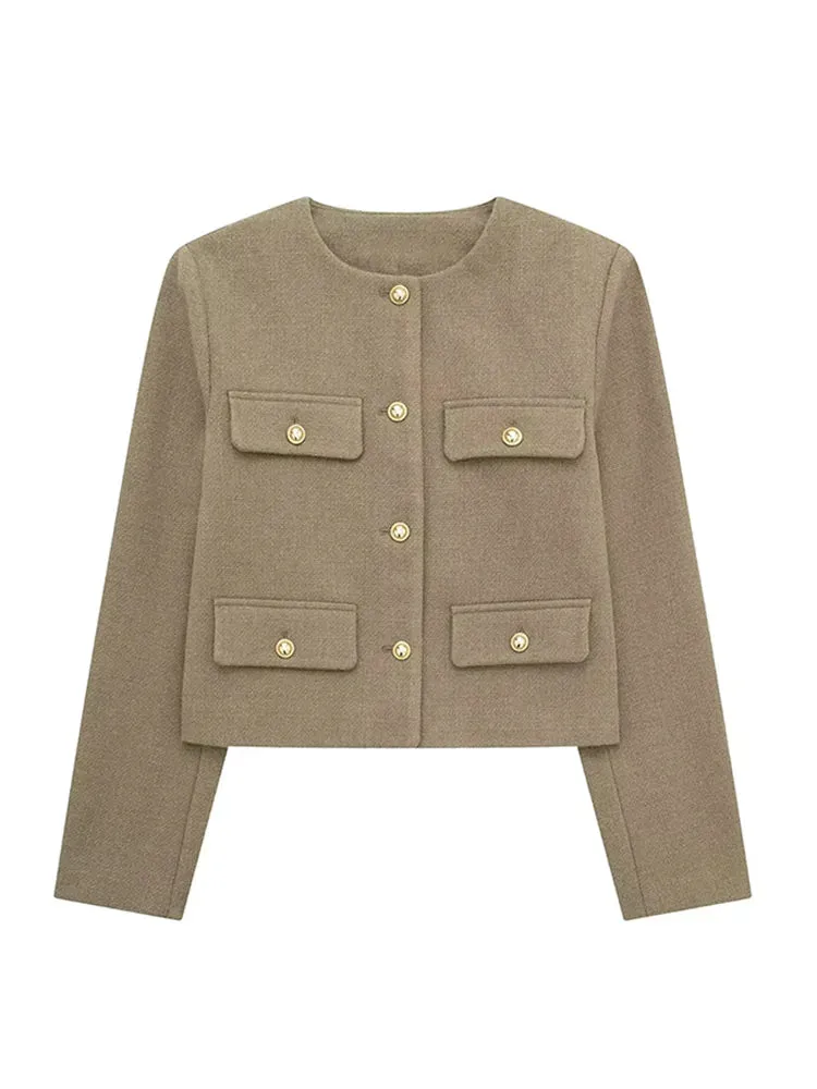 Back To School Joskaa 2024 Commute Round Neck Single Breasted Women's Coats Fashion Long Sleeved Solid Color Jackets 2024 New Lady Chic Outerwears