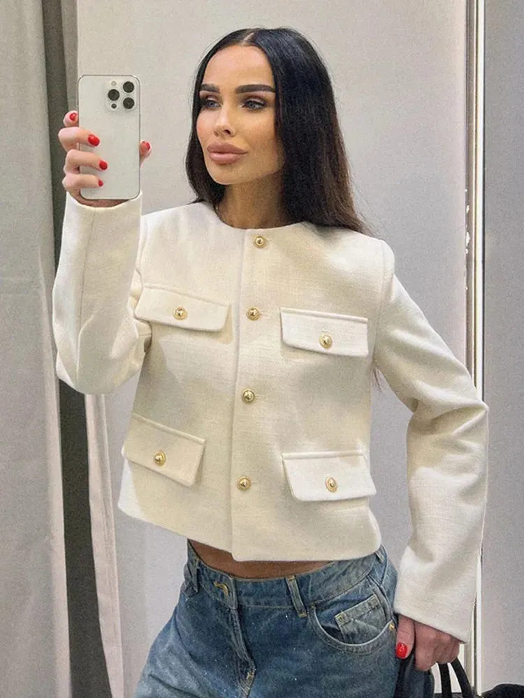 Back To School Joskaa 2024 Commute Round Neck Single Breasted Women's Coats Fashion Long Sleeved Solid Color Jackets 2024 New Lady Chic Outerwears