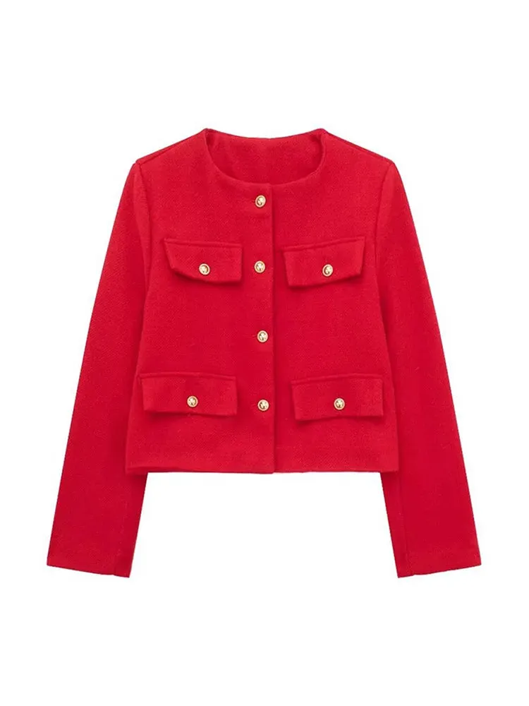 Back To School Joskaa 2024 Commute Round Neck Single Breasted Women's Coats Fashion Long Sleeved Solid Color Jackets 2024 New Lady Chic Outerwears