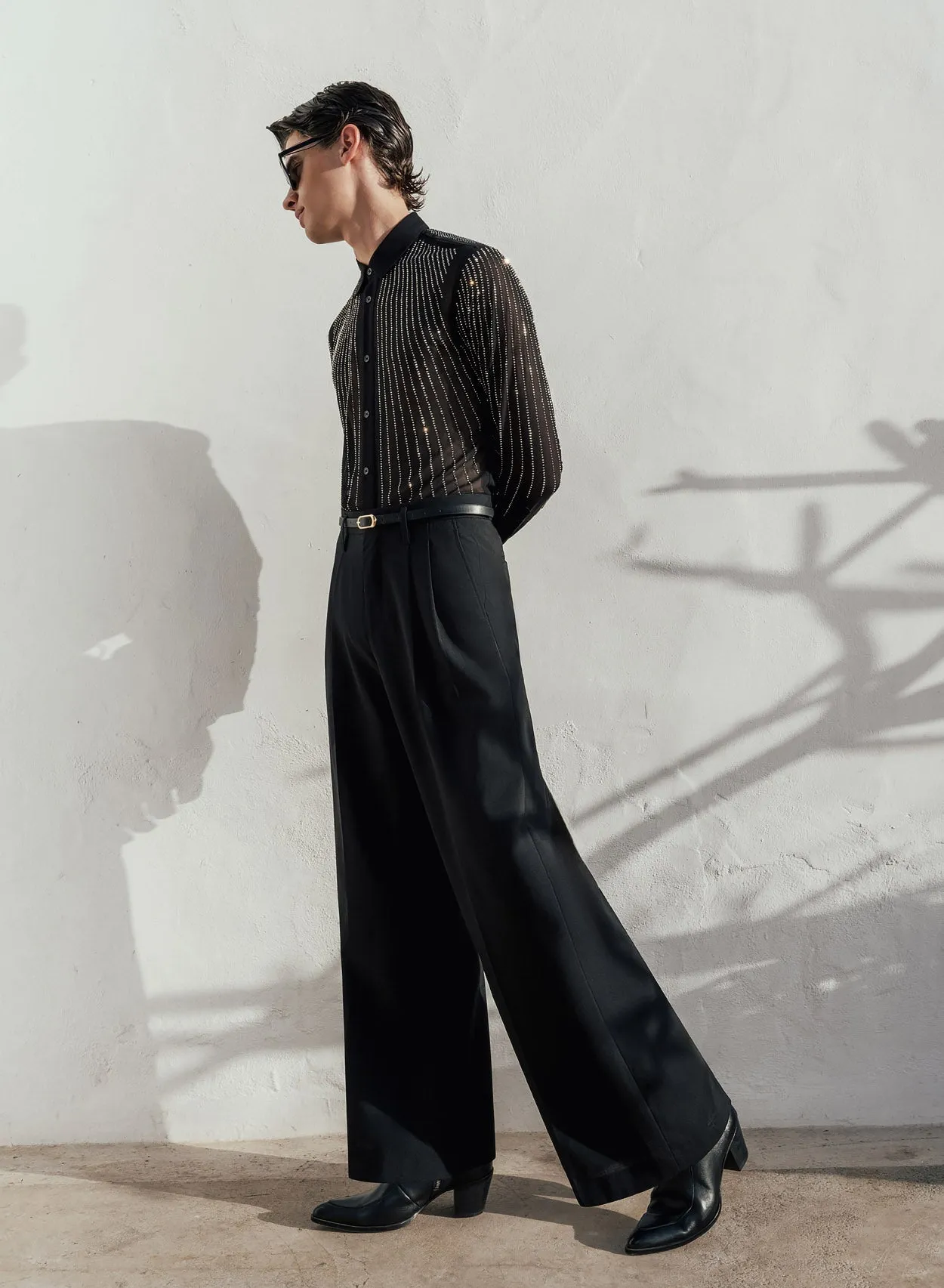 Black Wide Leg Flare Wool Trousers