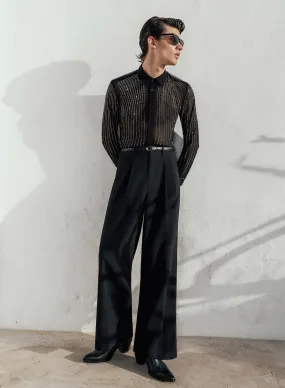 Black Wide Leg Flare Wool Trousers