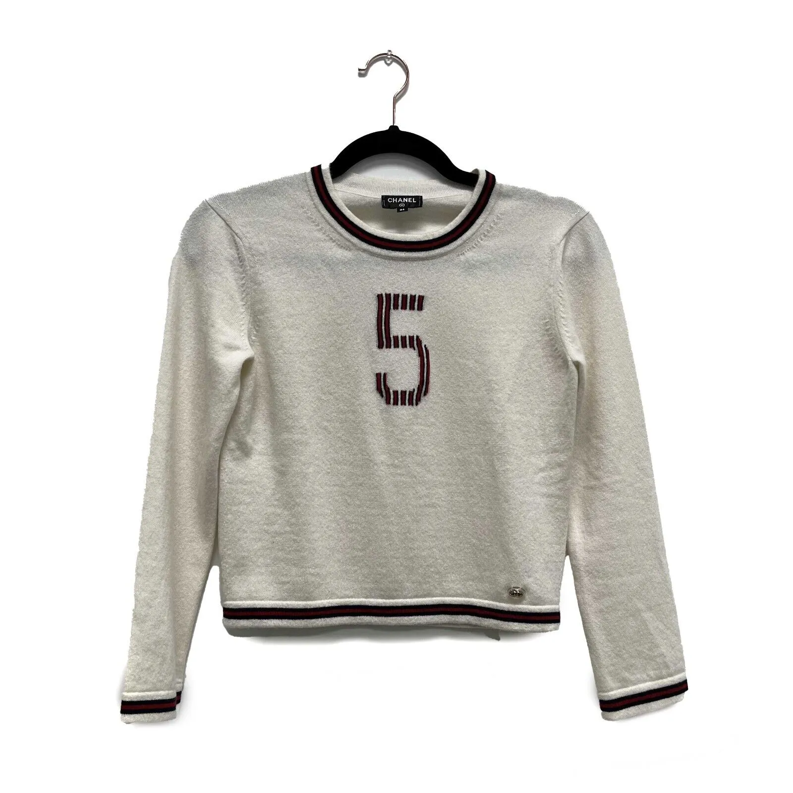 Chanel 19 No. 5 Logo Pullover Sweater Ivory NavyWhite Excellent 34 US 2