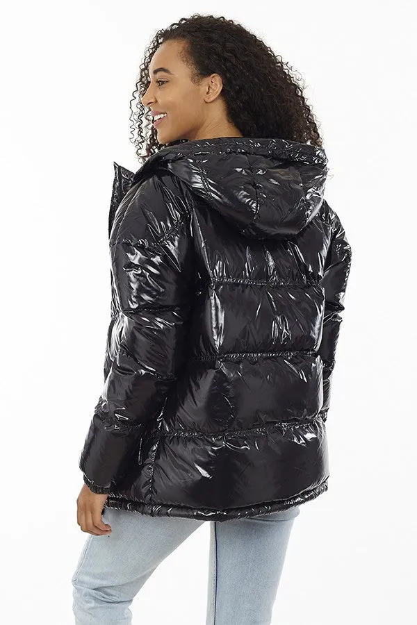 HIGH SHINE BLACK HOODED PUFFER JACKET