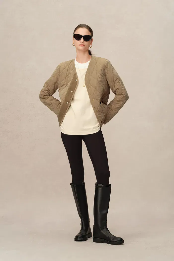 Olivia Khaki Cropped Lightweight Puffer Jacket in High-Density Water-Repellent Fabric
