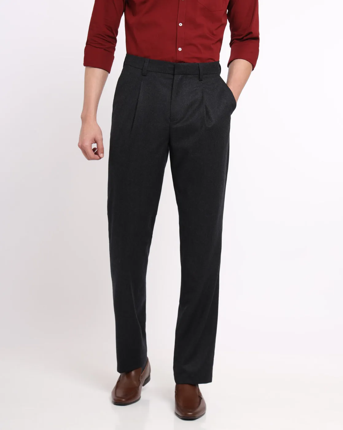 Single Pleat Wool Pants - Dark Charcoal