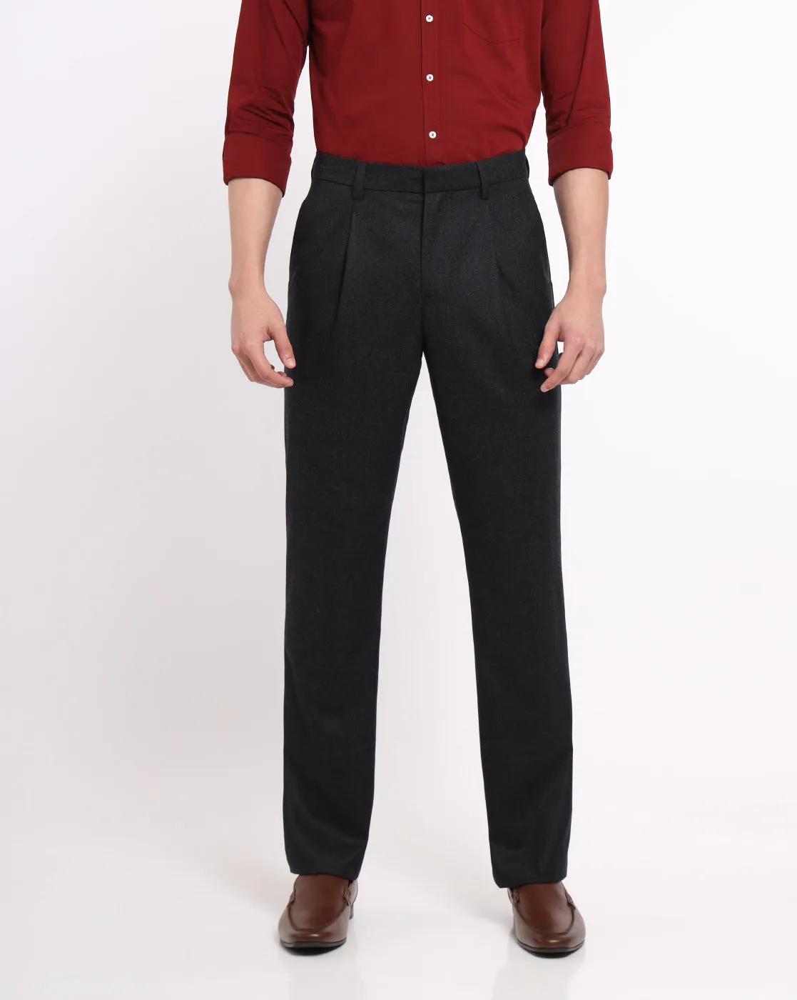 Single Pleat Wool Pants - Dark Charcoal