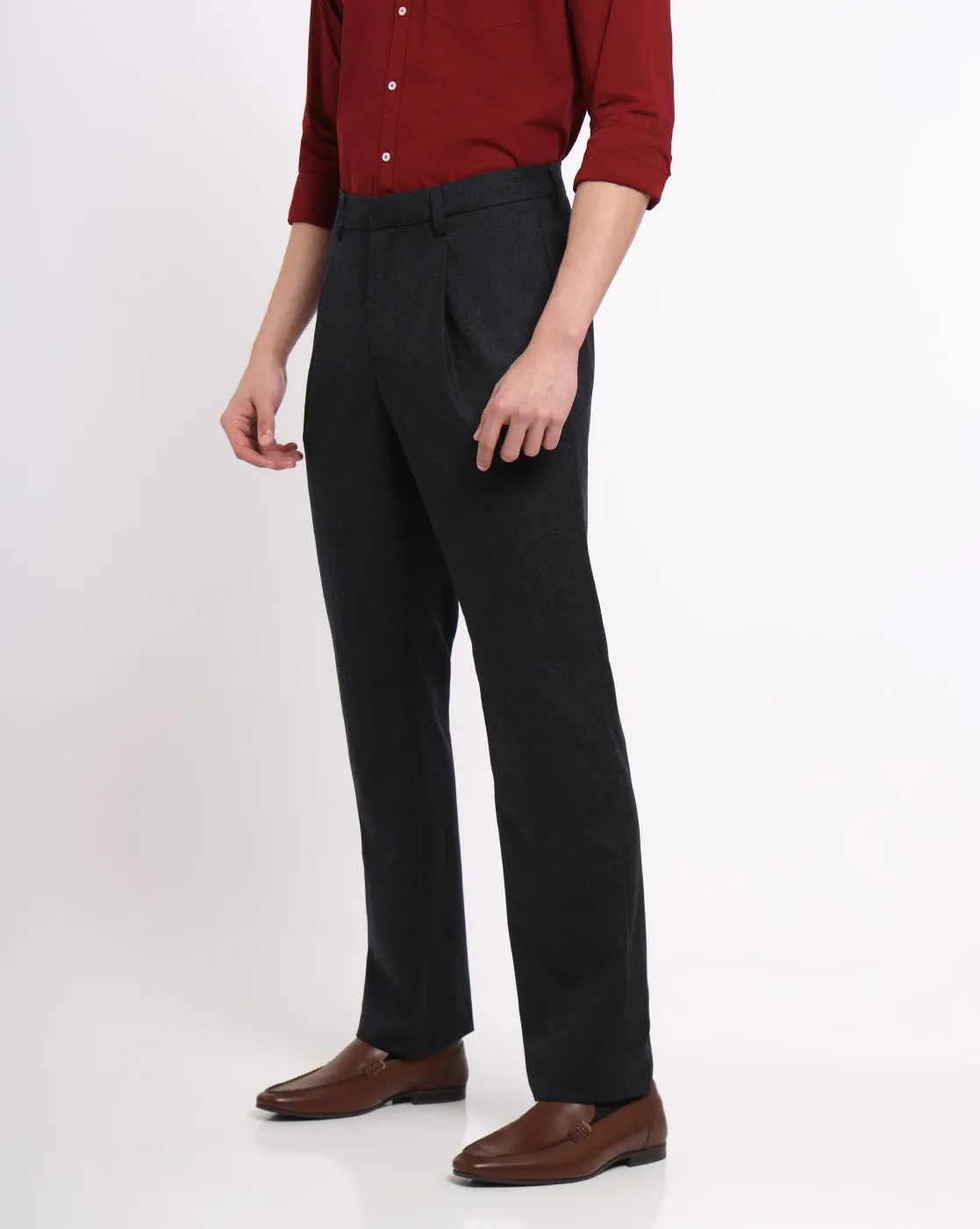 Single Pleat Wool Pants - Dark Charcoal