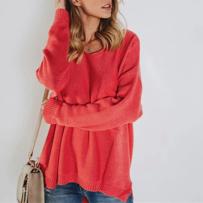 Solid Color Backless Pocket V- neck Sweaters