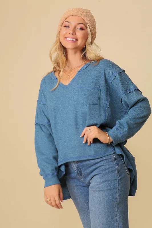 Thermal High Low V-Neck Long Sleeve Oversized Fashion Top