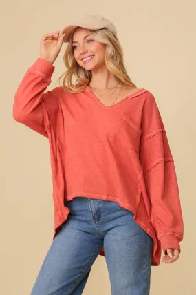 Thermal High Low V-Neck Long Sleeve Oversized Fashion Top