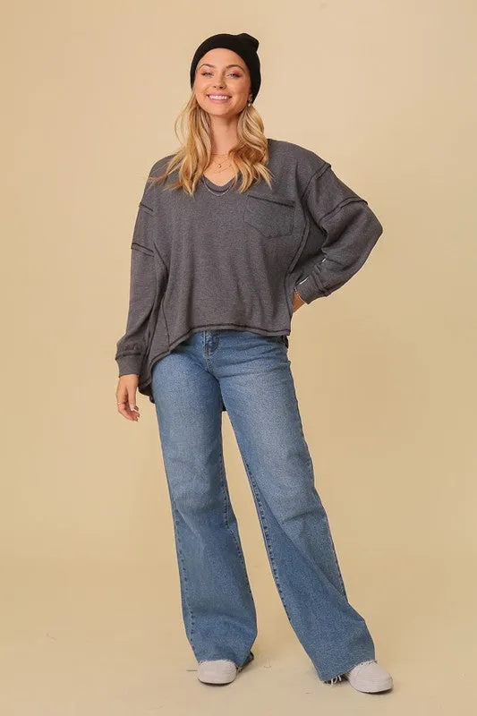 Thermal High Low V-Neck Long Sleeve Oversized Fashion Top