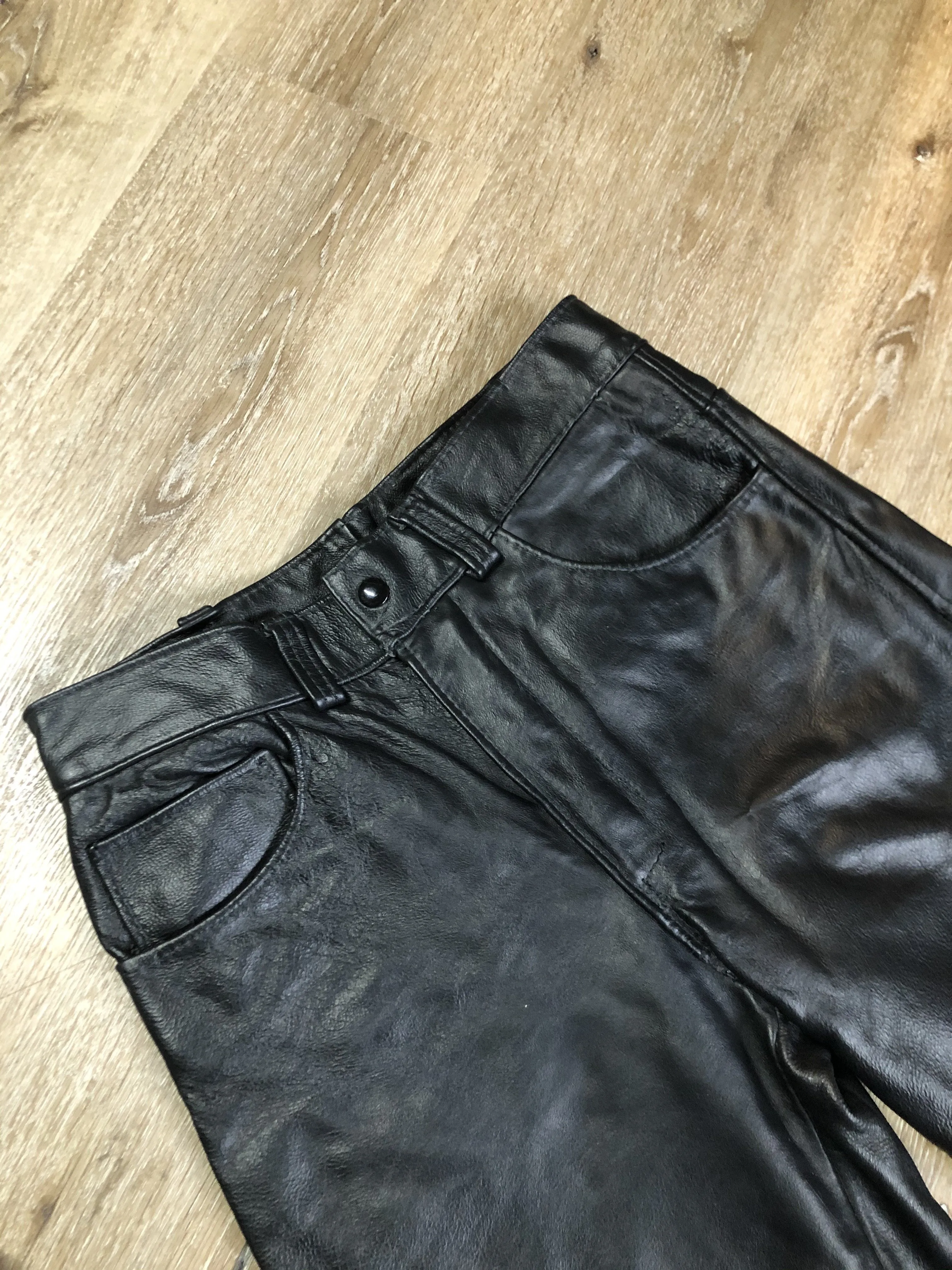 Vintage Full Grain Black Leather Pants, 30x29