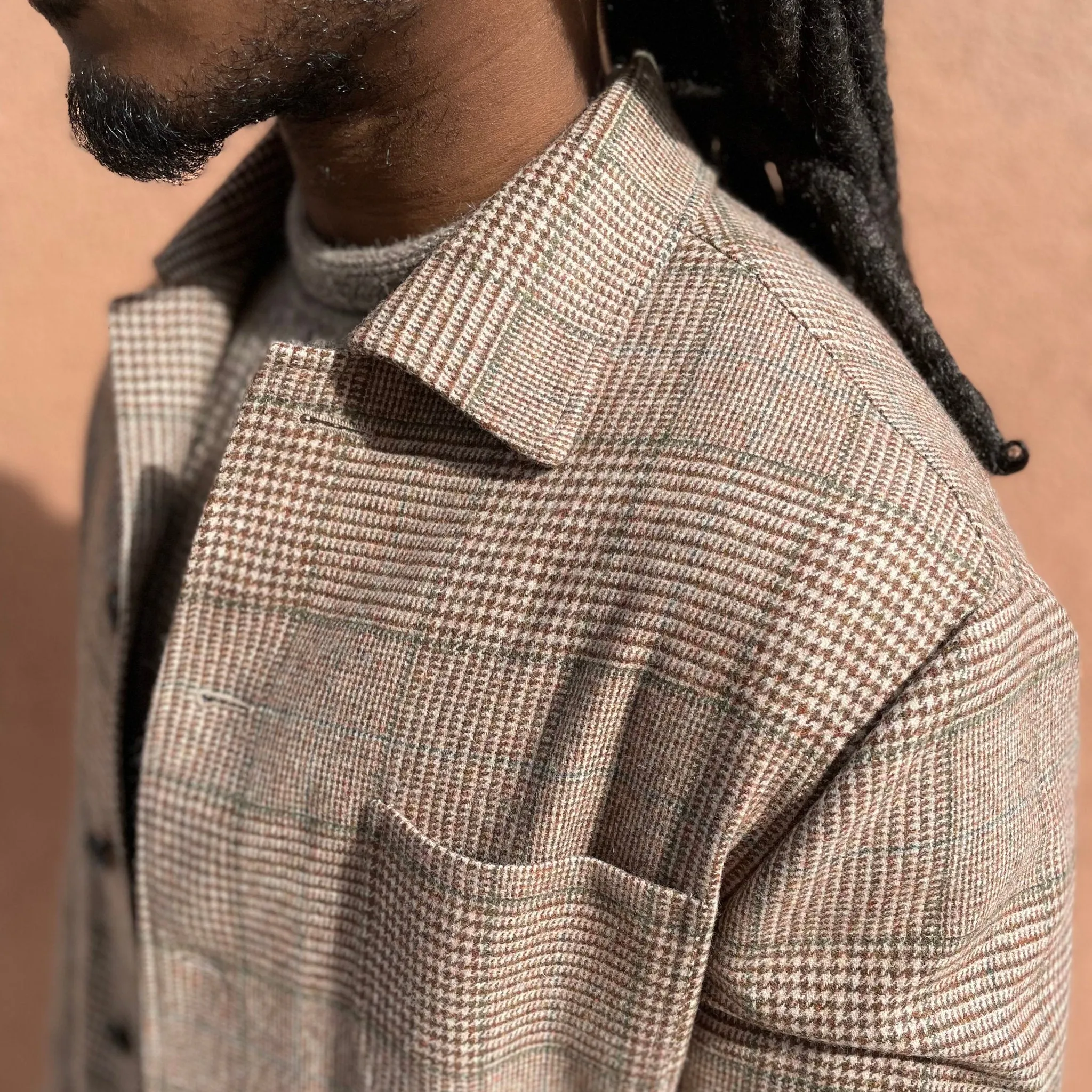 x Sartoria Carrara x Fox : chore jacket in deadstock Cream Brown and Green glenplaid wool flannel