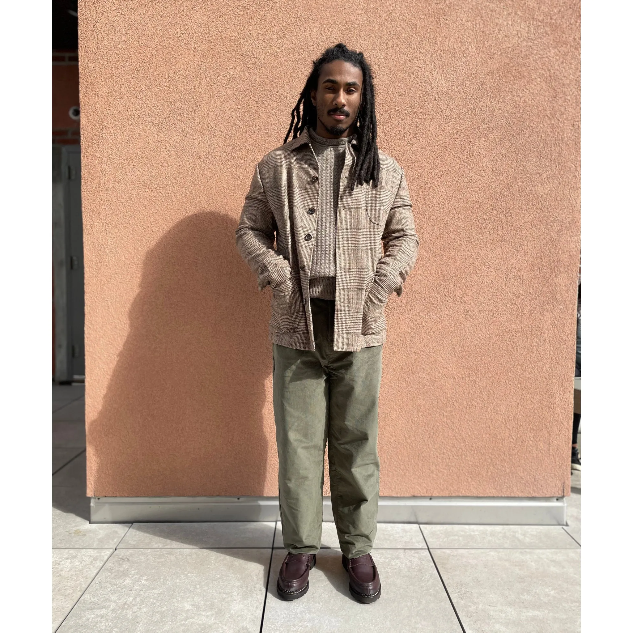 x Sartoria Carrara x Fox : chore jacket in deadstock Cream Brown and Green glenplaid wool flannel