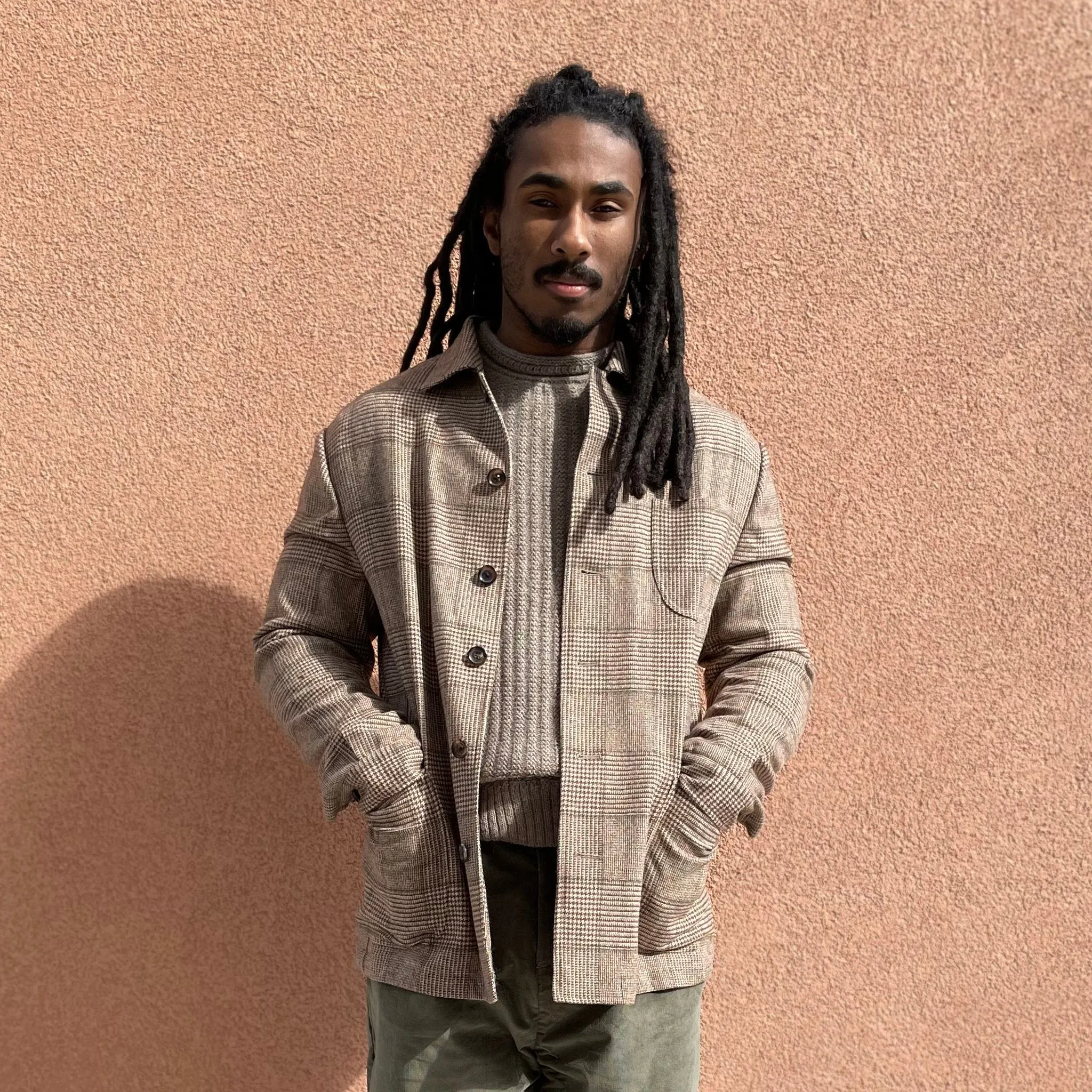 x Sartoria Carrara x Fox : chore jacket in deadstock Cream Brown and Green glenplaid wool flannel